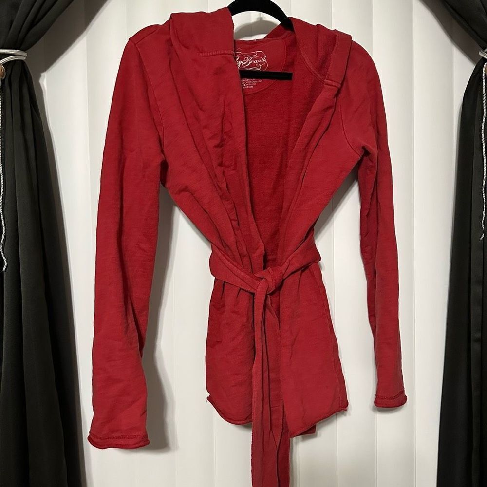 Lucky brand red jacket/robe/hoodie with attached adjustable belt , hooded robe